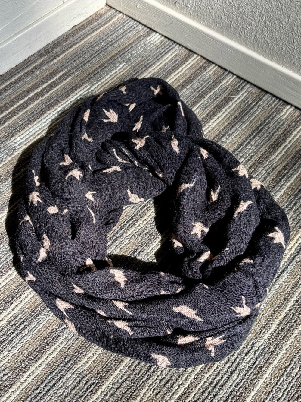 Charming Charlie Navy Infinity Scarf with Light Pink Bird Print